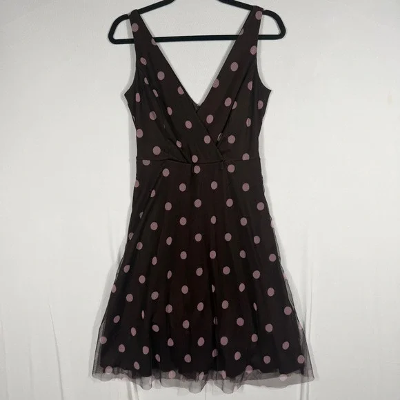 Vtg 90s Y2K A. Byer Midi Dress Sm Brown Pink Polka Dot Mesh Overlay Fit & Flare - Picture 2 of 6